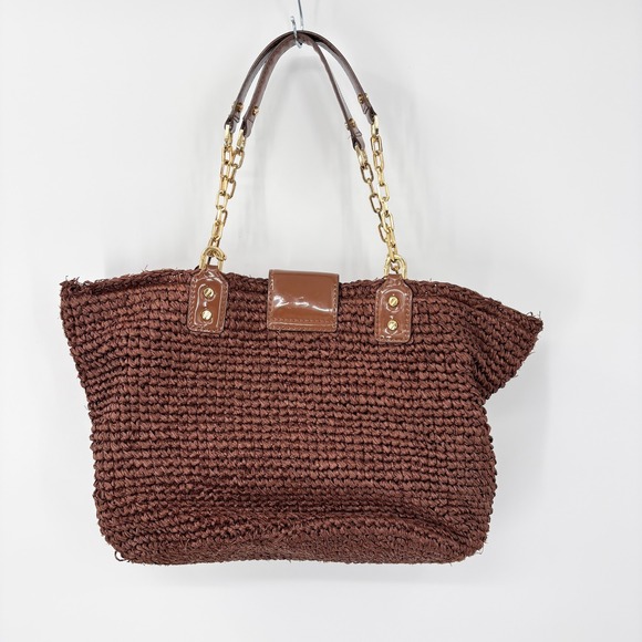 Tory Burch Woven Straw Tote Bag Gold Chain Patent Leather Trim Coastal Boho - Picture 8 of 9